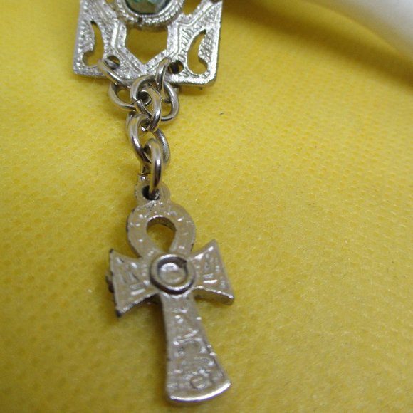 EGYPTIAN Revival SCARAB ANKH Turquoise STONE Silver Tone Metal Panel Bracelet - Picture 4 of 13